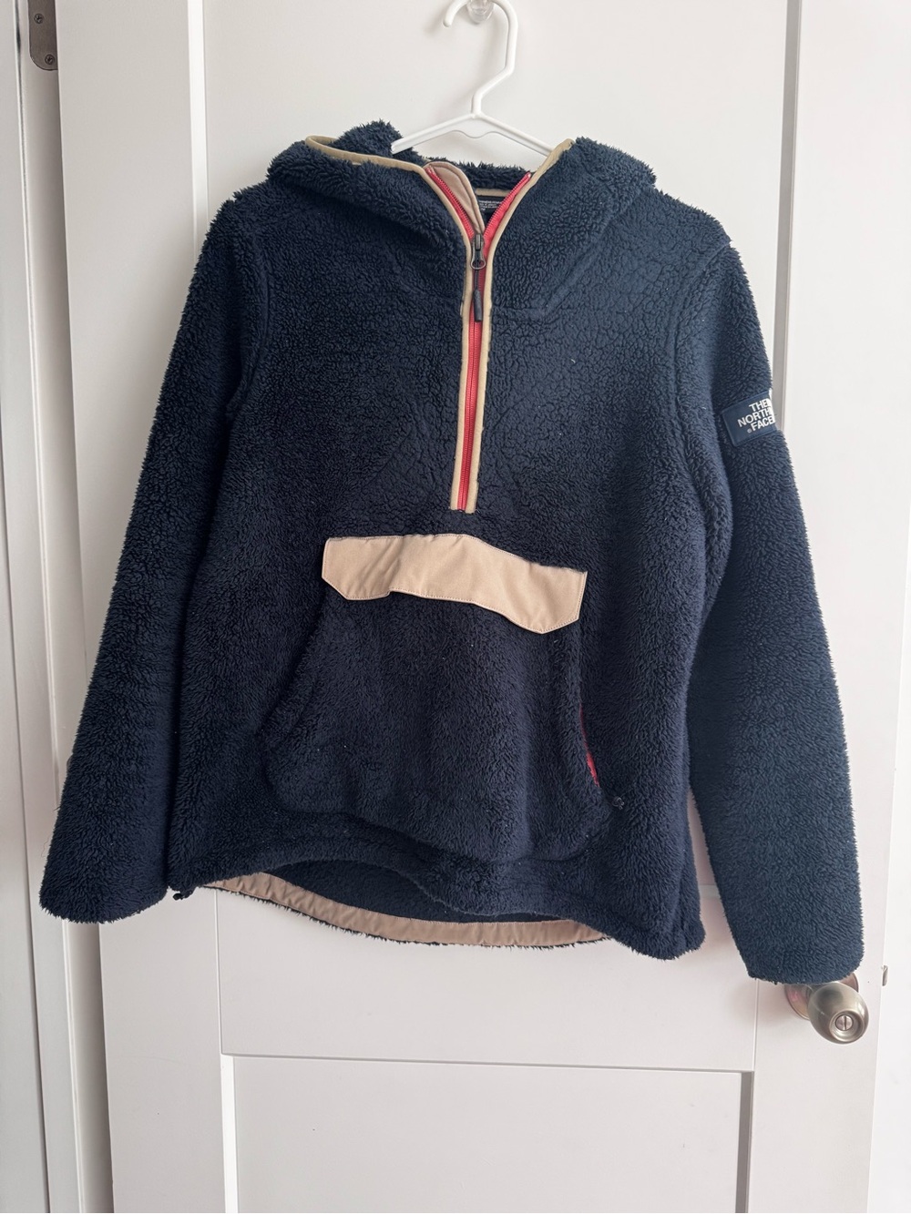 The North Face Navy Sherpa Pullover Hoodie with Cream Trim